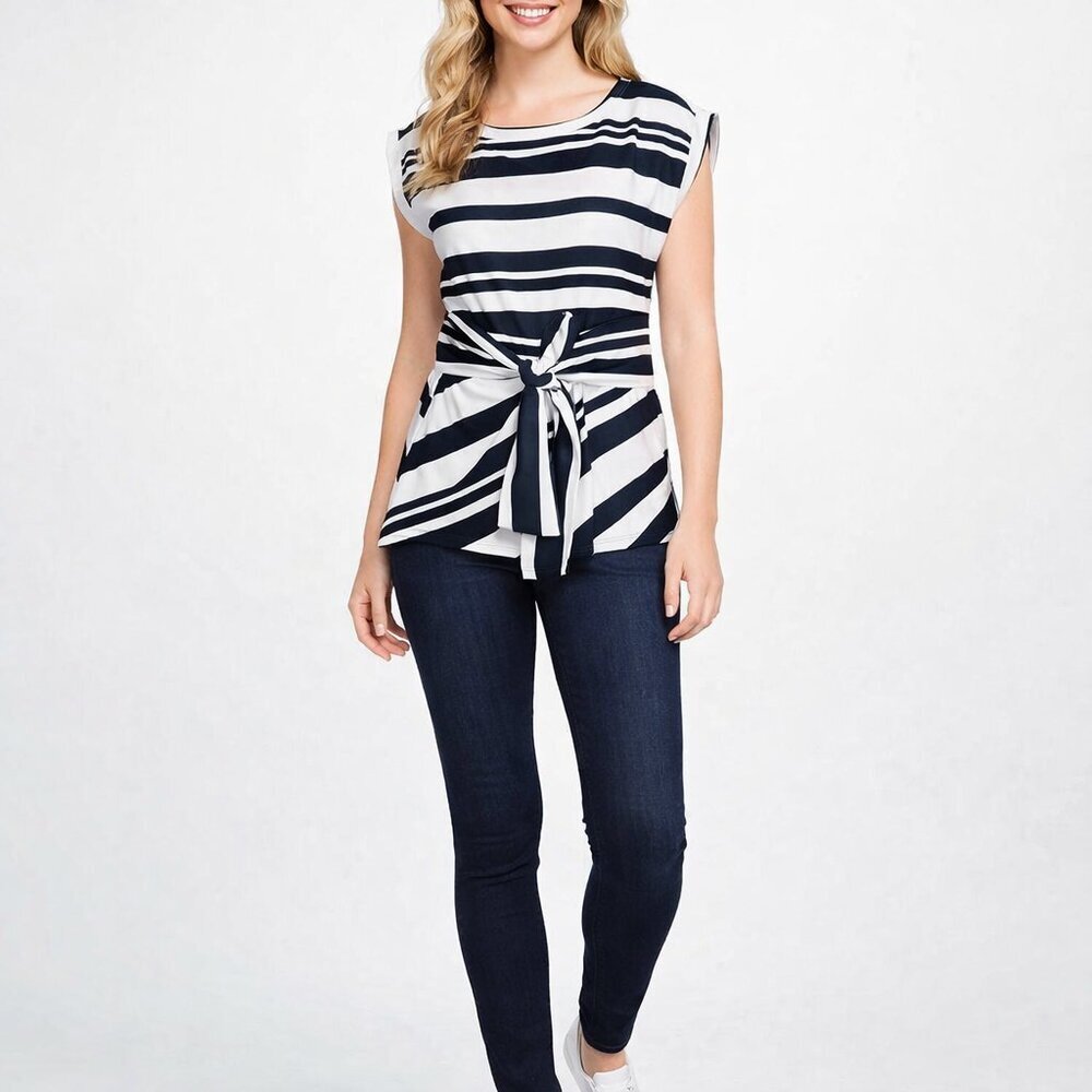 2/$30 Banana Republic Cap Sleeve Blouse w Tie Black Stripe #A1677